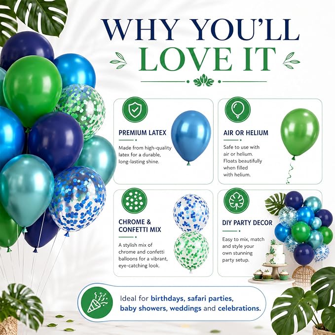 Blue and Green Balloon Set, 12 Inch Navy Blue Dark Green Balloons Metallic - Image 3