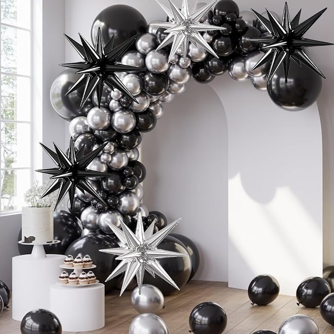 Black Silver Star Balloons, 22/27 Inch Silver and Black Star Foil Balloons - Image 5