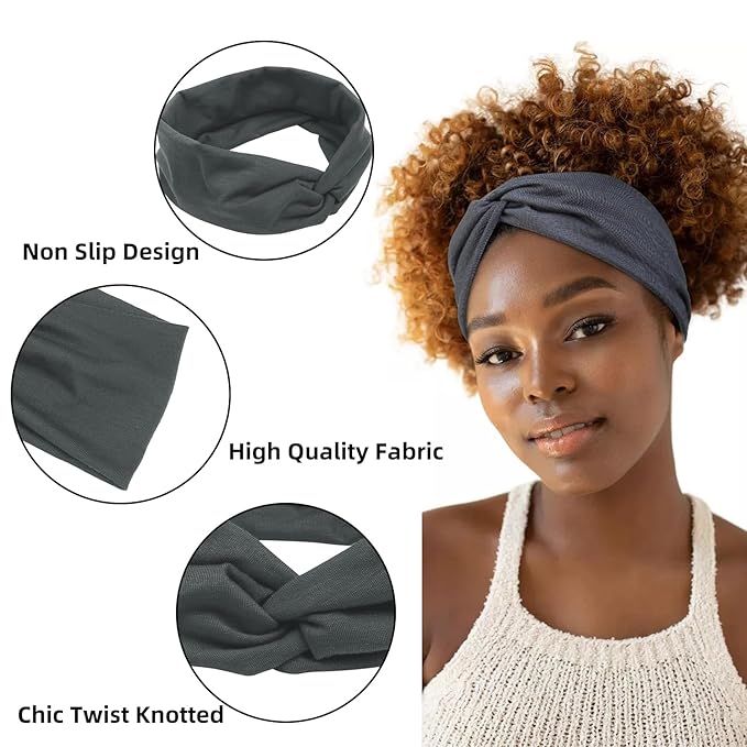 Tobeffect Turban Headbands for Women 8 Pack Non Slip Headband Boho Twisted Wide Head Band Womens Cloth Fabric Hair Wraps Accessories Black White Headbands