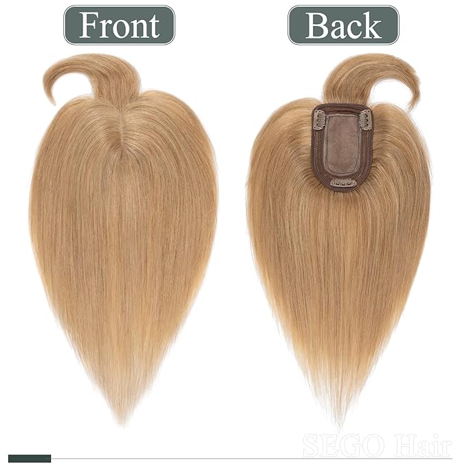 SEGO Hair Toppers for Women Real Human Hair with Thinning, with Front Bangs Clip in Toppers Straight 150% Density Silk Base -16 Inch #27 Dark Blonde