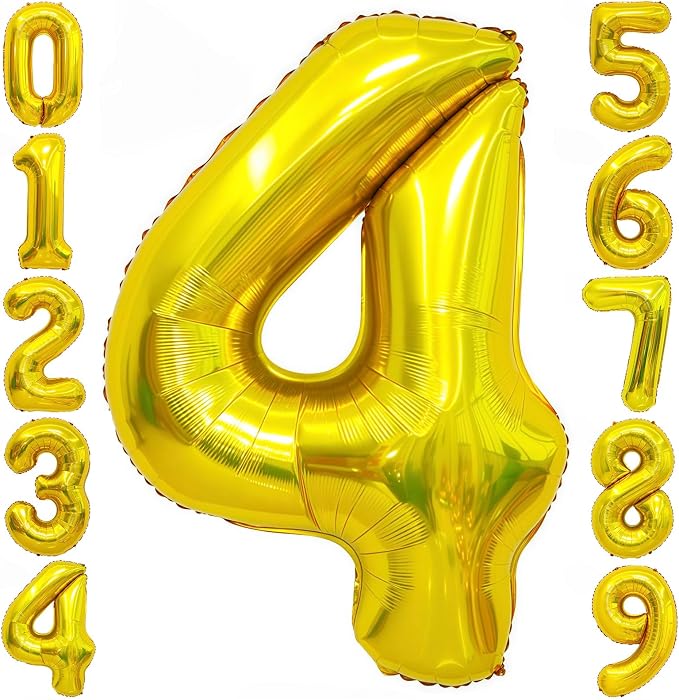 Gold 4 Balloon Number, 40 Inch Number 4 Balloon Large Gold 4 Foil Mylar Helium by BBPOOL