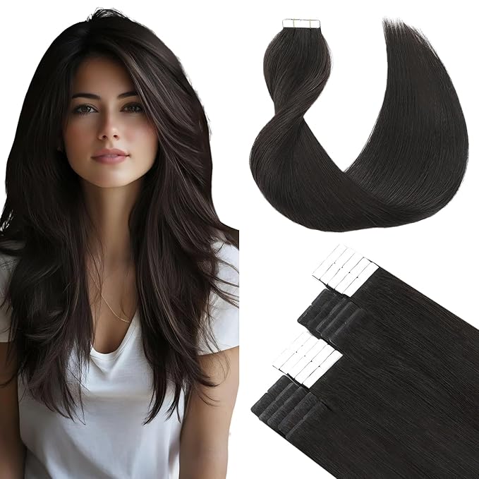 SURNEL Tape in Hair Extensions Double Drawn Hair #1B Off Black Remy Tape in Hair Extensions Human Hair 20 inch 20pcs 50g(#1B-20)
