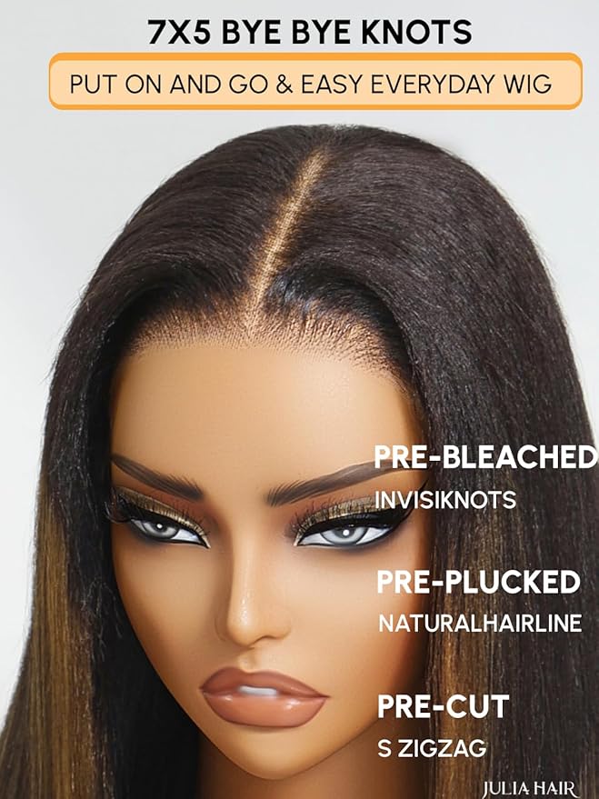 Julia Hair Chestnut Brown Ombre Yaki Straight 7x5 Pre Cut HD Lace Put On and Go Wig Bye Bye Knots Glueless Human Hair Wigs with Invisi Drawstring Pre Plucked Bleached Knots Beginner Friendly 26 Inch