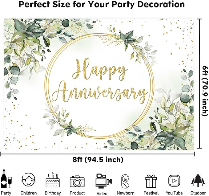 8x6ft Happy Anniversary Backdrop Sage Green Eucalyptus Wedding Anniversary - Image 6
