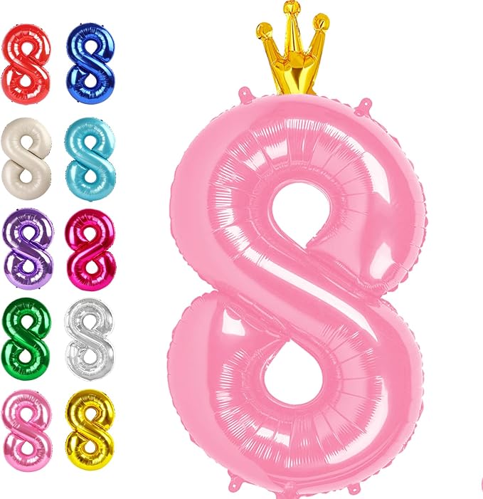 Pink Crown Number 8 Balloon 40 inch, Big Pink 8th Birthday Party Decorations | by Upgesy