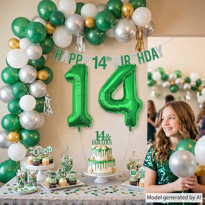 Green Number 14 Balloon 40 Inch, Shiny Foil Duo - Image 6