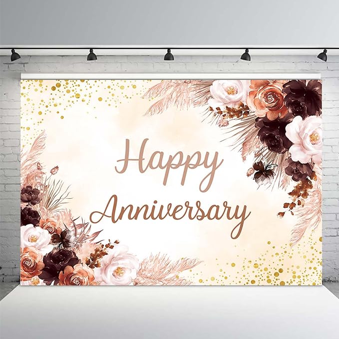 MEHOFOND Boho Happy Anniversary Backdrop Pink Floral Bohemia Pampas Grass - Image 2