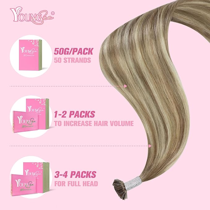YoungSee K Tip Hair Extensions Real Human Hair Ombre Light Brown Balayage Blonde Ktip Real Hair Extensions Human Hair 24In 1G/S 50G