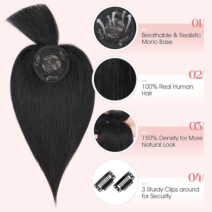 Hairro Mono Hair Toppers with Bangs, 3.4" x 3.4" Mono Base 100% Real Human Hairpieces for Women, 150% Density Clips In Topper for Greyish Thinning Hair, 16 Inch Jet Black