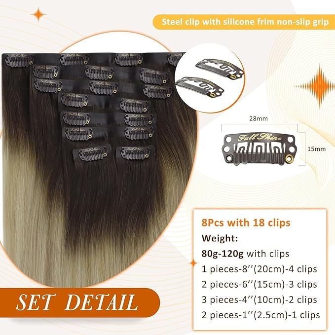 Full Shine Ombre Clip in Hair Extensions 12 Inch Dark Root Brown to Platinum Blonde Real Human Hair with PU Weft Seamless Hair Extensions 8 PCS 95 Grams
