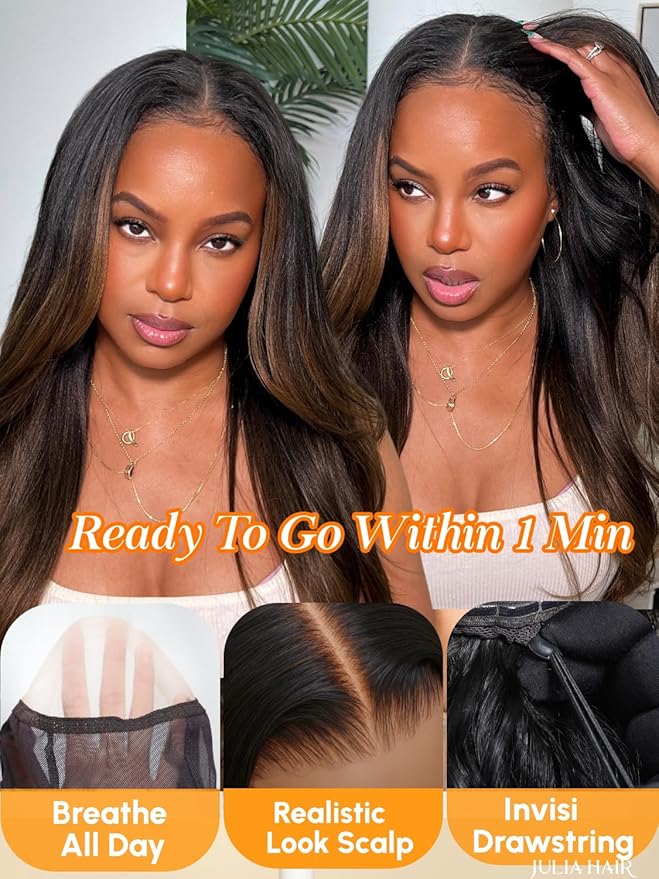 Julia Hair Chestnut Brown Ombre Yaki Straight 7x5 Pre Cut HD Lace Put On and Go Wig Bye Bye Knots Glueless Human Hair Wigs with Invisi Drawstring Pre Plucked Bleached Knots Beginner Friendly 20 Inch