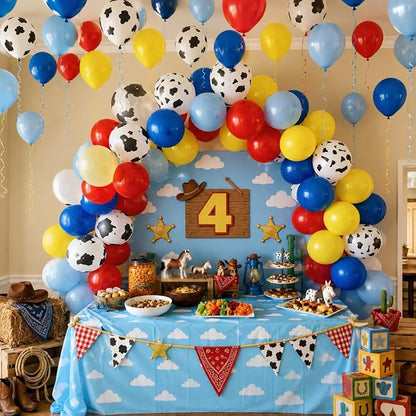 HILAVO Toy Inspired Story Balloons, 12 Inch Cow Print Blue Cloud Balloons | Red - Image 6