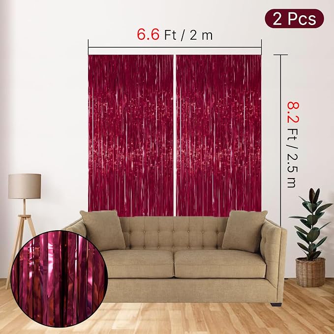 PartyWoo Burgundy Red Foil Fringe Tinsel Streamers 2pcs 6.6FT Backdrop | - Image 4
