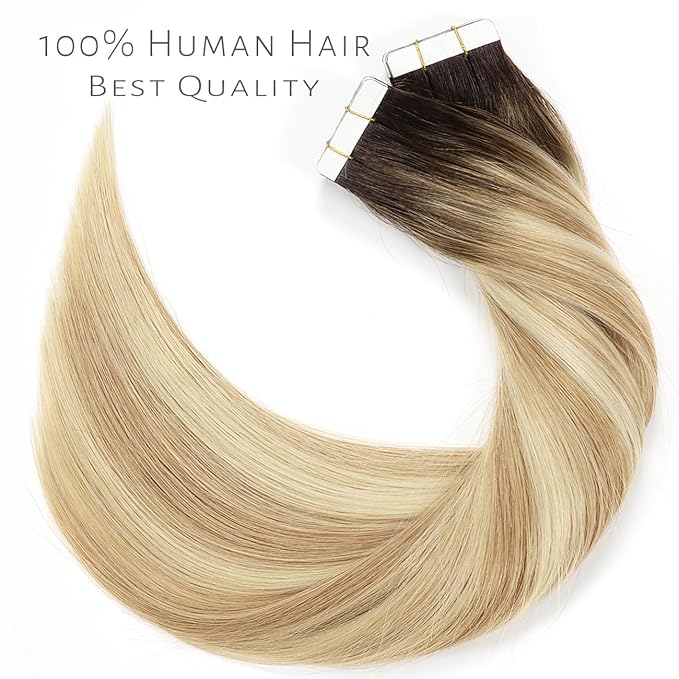 Lacer Remy Human Hair Extensions Tape Ins 20 Inch Tape in Real Human Hair Extensions Pu Skin Weft Color Caramel Blonde Mixed Bleach Blonde with Darkest Brown Roots 50 Gram R#2-27/613