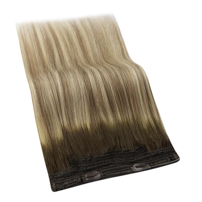YoungSee 120G Invisible Wire Hair Extensions Ombre Wire Human Hair Extensions Walnut Brown Balayage Light Brown with Blonde Human Hair Fish Line Extension Easy to Wear 18inch