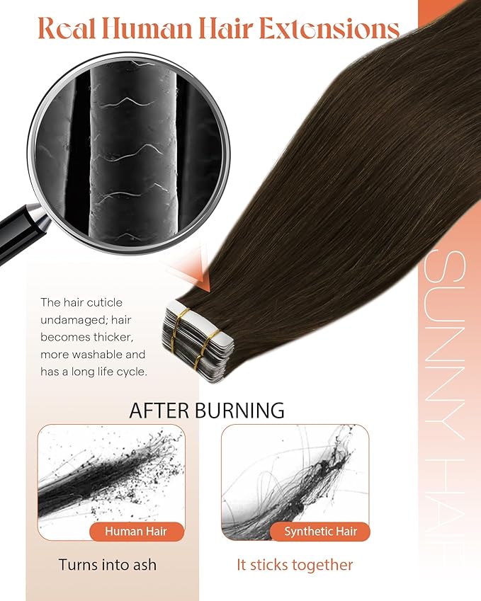 Sunny Hair Tape in Hair Extensions,Dark Brown Tape in Hair Extensions Human Hair Invisible Remy Human Hair Tape in Extensions 14 inch 20Pcs