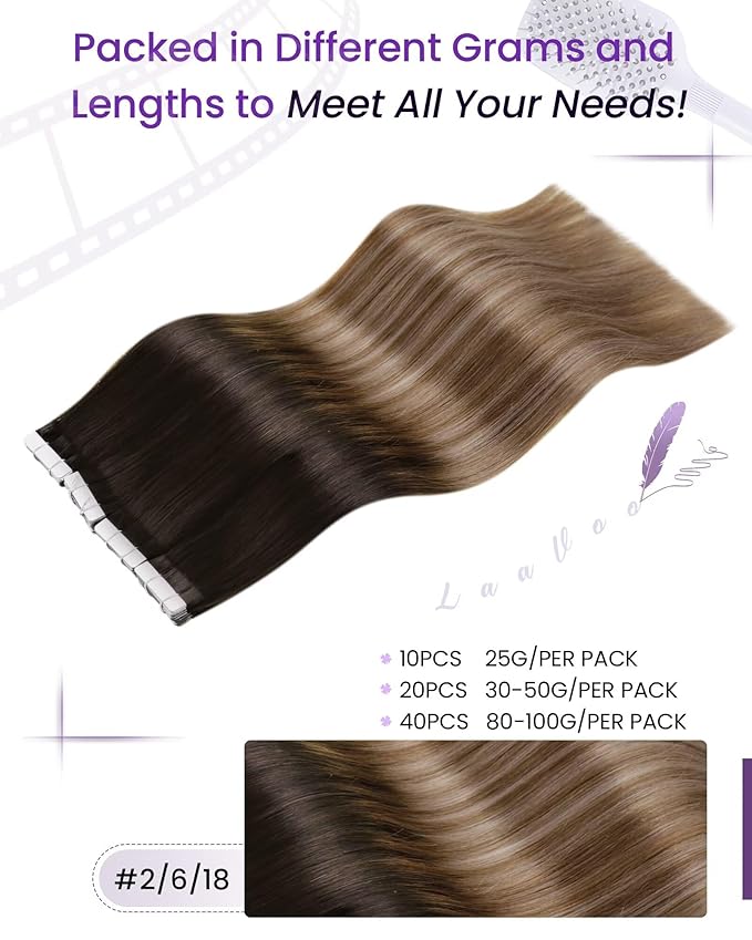 LaaVoo Tape in Hair Extensions Human Hair Balayage Hair Extensions Tape in Ombre Brown to Chestnut Brown with Blonde Tape on Extensions Human Hair Silky Straight Hair 40pcs 16inch 100g