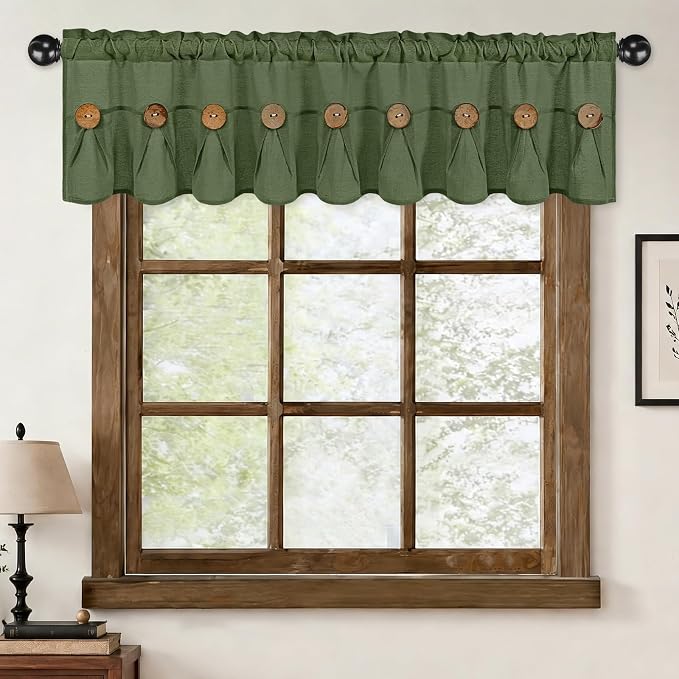 Farmhouse Valance Curtains, Boho Cotton Linen Kitchen Valance, Olive Green - Image 2