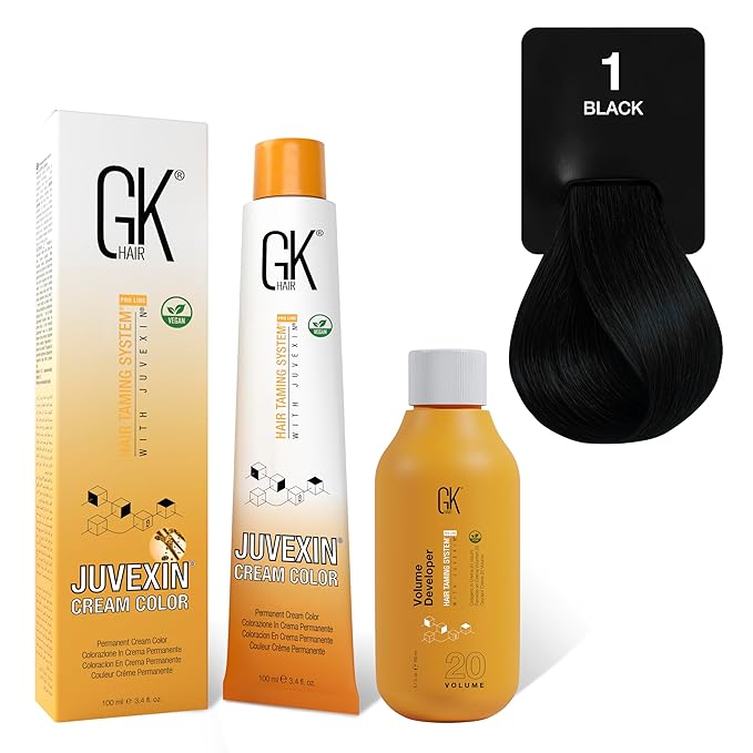 GK HAIR Global Keratin Natural 1 Black Hair Color Cream Tube (3.4 Fl Oz/100ml) + 20 Volume Developer (5 Fl Oz/150ml) - Professional Permanent Long Lasting Toner Dye