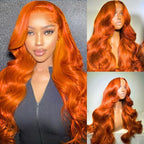 Ginger Orange Lace Front Wigs Human Hair 13x6 Body Wave Frontal Wigs Human Hair for Women 200% Density Pre Plucked HD Transparent Lace Glueless 350 Colored Human Hair Wig Bleach Knots 26 Inch