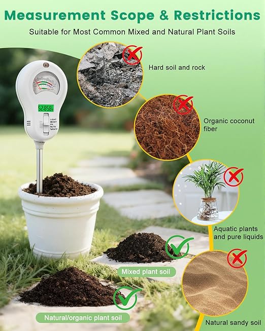 6-in-1 Soil Tester with 3 Probes - Soil Moisture, pH, Fertility, Temperature, Light & Air Humidity Meter, Soil Test Kit for Garden, Lawn, Indoor and Outdoor Plants