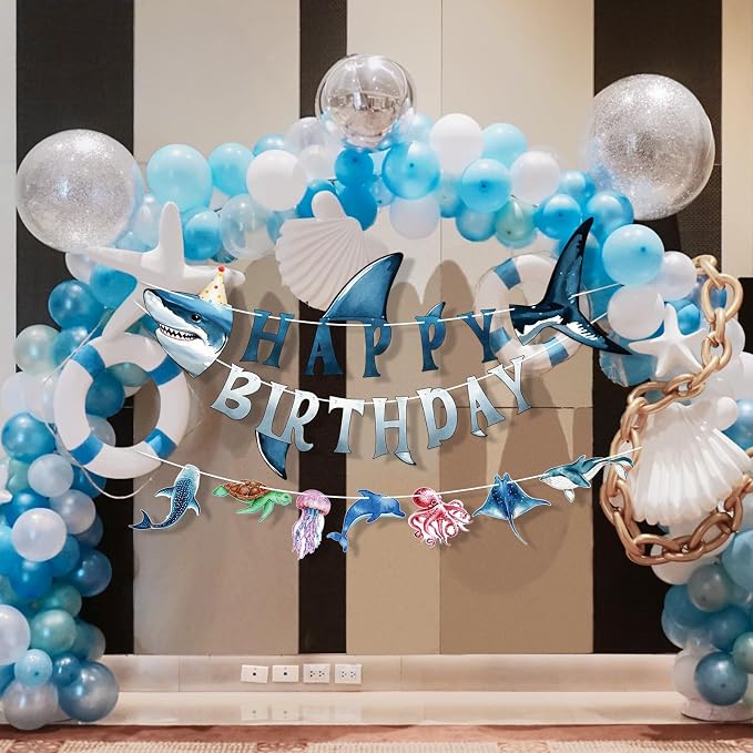 Shark Happy Birthday Banner Shark Garland Ocean Animals Party Decorations - Image 8