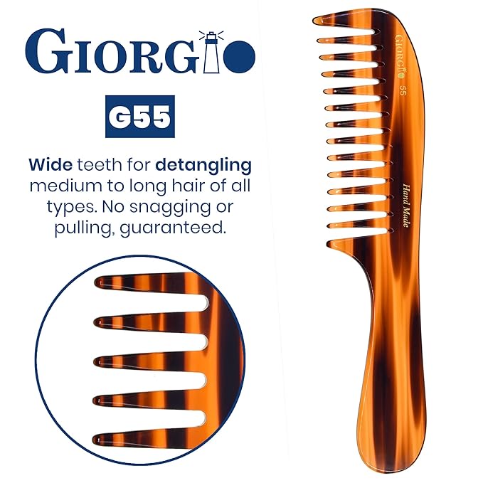 Giorgio G55 Wide Tooth Comb for Wet Hair Detangling, Thin to Medium Thickness Hair Detangler, Hair Combs for Women and Men, Handmade Large Tooth Rake Comb Saw-Cut and Hand Polished