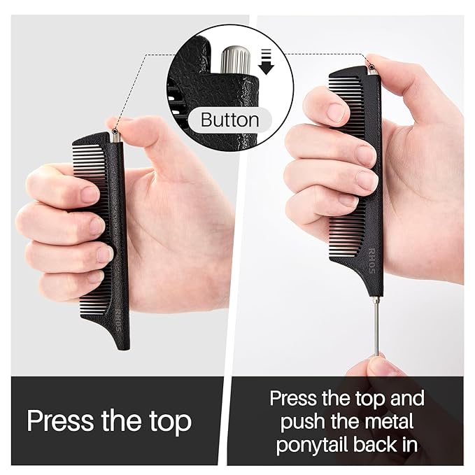 RHOS Carbon Retractable Rat Tail Comb for Parting and Styling, Hair Cutting and Braiding - Stainless Steel Pin Tail Comb, Black