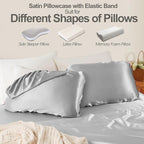 SiinvdaBZX Silver Grey Satin Pillowcase Standard/Queen Size Set of 2, Silky Travel Elastic Band Satin Pillow Case for Hair and Skin, Soft Portable & Fit for Various Pillow