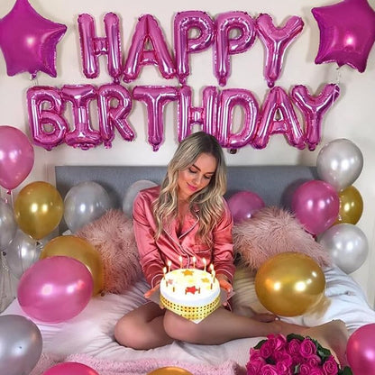 CANREVEL Happy Birthday Banner Decorations + 12Pcs Star Balloons, Hot Pink | - Image 4