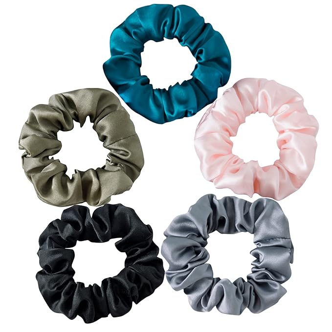 Mulberry Silk Hair Scrunchies, 5 Count, 100% Silk, No Damage for Frizz Prevention, Sleep and Night Scrunchie, Hair Accessories for Women (Peacock Blue, Metallic Gray, Army Green, Black, Pink)