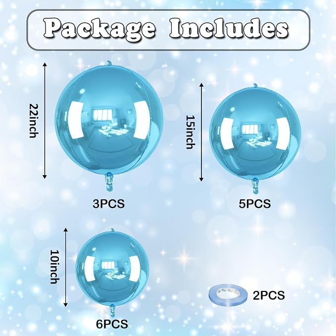 14 Pcs Blue Round Foil Balloons 22/15/10 4D Ball Balloons Light Baby Blue - Image 2