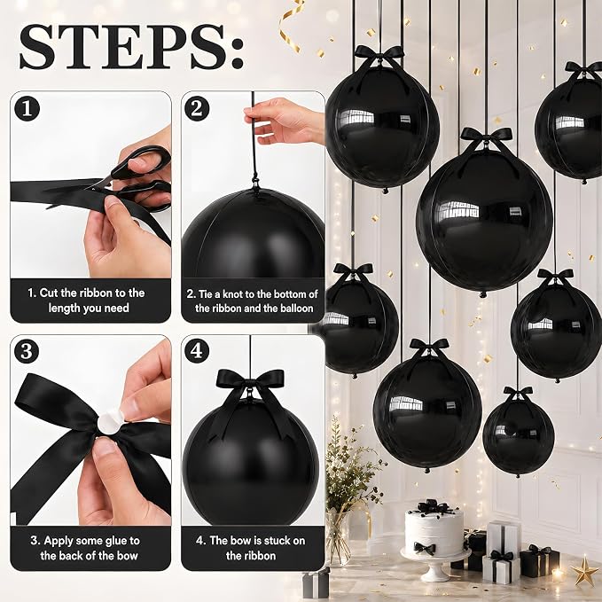 Black Round Foil Balloons with Satin Bows Ribbon - Image 8