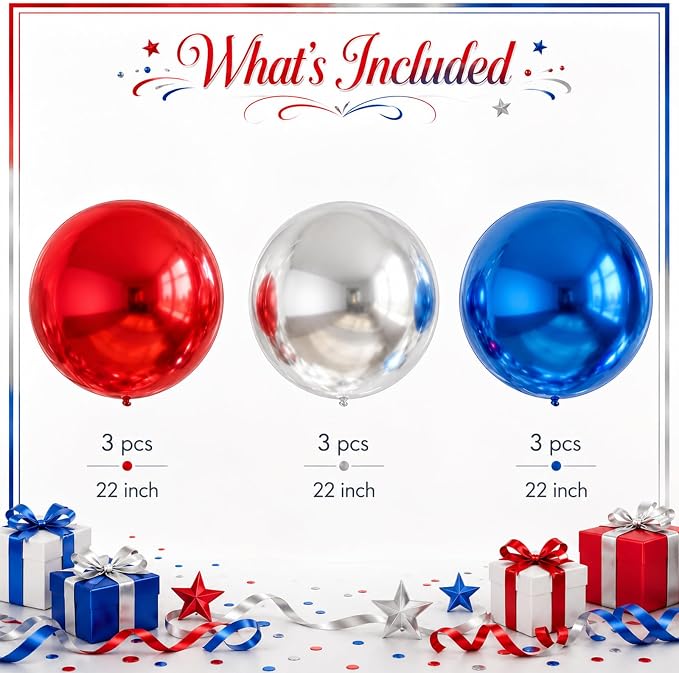 9 Pcs Red Blue Silver Round Foil Balloons Red Royal Navy Blue Metallic Silver - Image 2