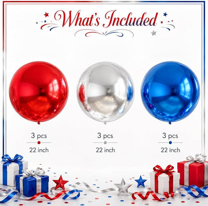 9 Pcs Red Blue Silver Round Foil Balloons Red Royal Navy Blue Metallic Silver - Image 2