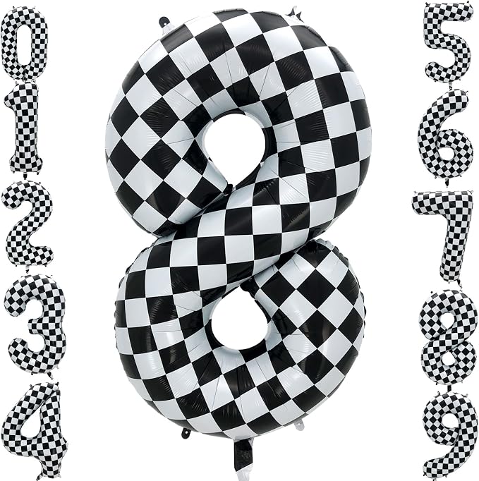 42 Inch Checkered Number Balloon 8, 8th Race Car Flag Birthday Party Supplies by Eoopoon