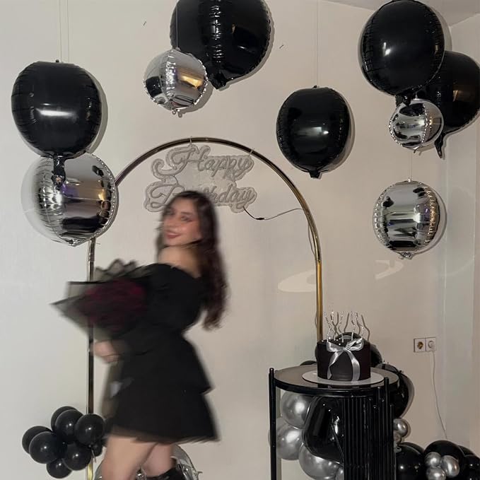 8 Pcs Black Silver Round Foil Balloons Metallic Silver Black 4D Ball Balloon - Image 4