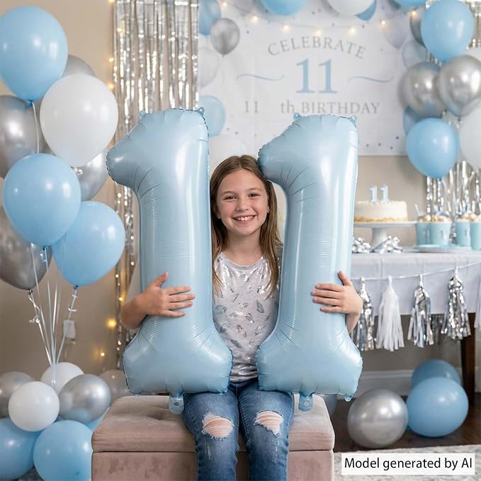 Baby Blue Number 11 Balloon 40 Inch, Pastel Foil Digit Theme Party Supplies | - Image 6