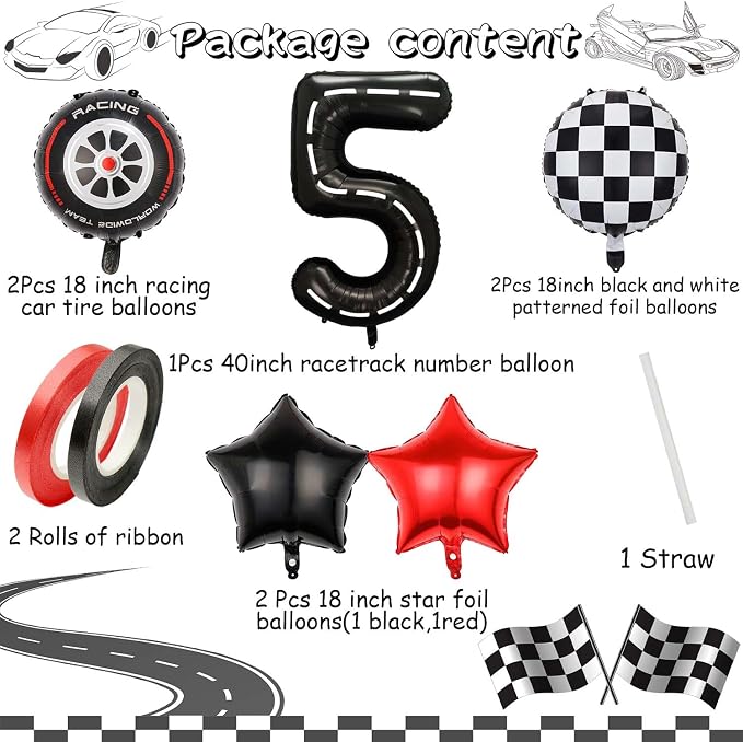 Race Car Balloons, 40 Inch Racetrack Number 5 Balloon, Big Number Balloons Black - Image 7
