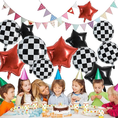 TONIFUL 18Pcs Checkered Round Foil Balloons Race Car Themed Party Decor | 18 - Image 5