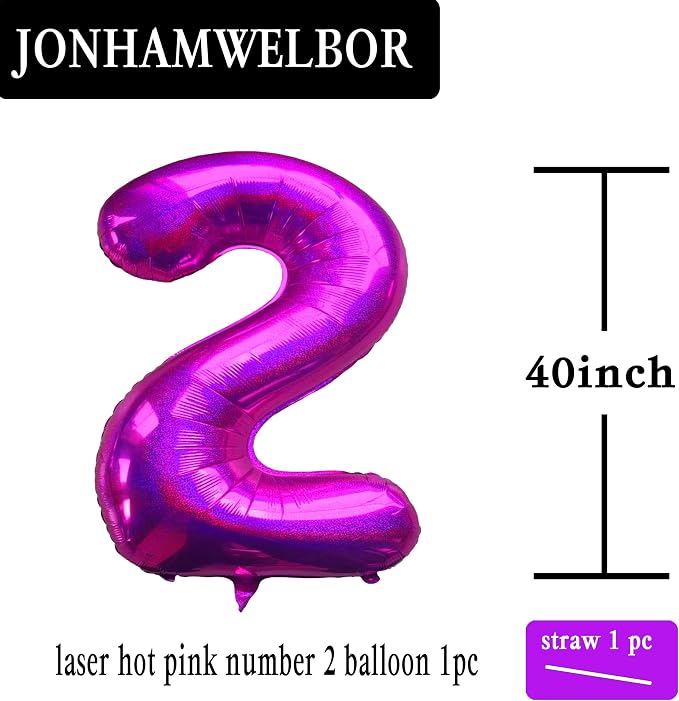 Jonhamwelbor 40 Inch Laser Hot Pink Number 2 Balloon Foil Mylar Giant Balloon - Image 2