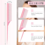 2 Pack Rat Tail Combs for Women Fine Tooth Comb Parting Tip Carbon Fiber Root Teasing Anti Static Heat Resistant Adding Volume Evening Hair Styling (Pink)