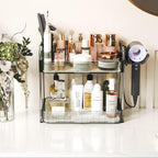 Bathroom Countertop Organizer,Makeup Counter Organizer With Hair Dryer Holder,Compatible with Dyson Blow Dryer,Electric Toothbrush And Toothpaste Holder,2-Tier Detachable Design,Gem Green