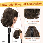 KooKaStyle Ponytail Extension, 10" Short Claw Clip in Pony Tails Hair Extensions Curly Wavy Synthetic Drawstring Hairpieces for Women(Cedar Brown)