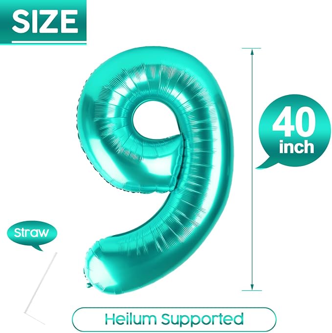 9 Balloon - Teal Birthday Number Balloons, 40 Inch Decorations Men Women | Teal - Image 5