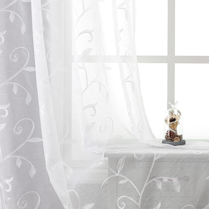 White Sheer Curtains Embroidered Leaves 2 Panels 54Wx120L | Light Filtering by VISIONTEX