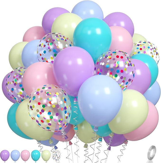 Pastel Balloons, Baby Pink Blue Purple Yellow and Teal Rainbow Confetti Balloon by Paready