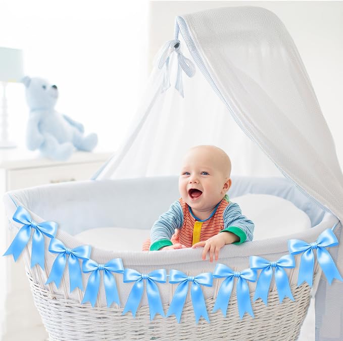 2 Strings of 16PCS Blue Bow Garlands Banner Decoration, Pre-Strung Satin Ribbon - Image 5