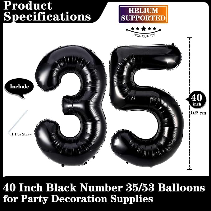 Black 35 Number Balloons, 40 Inch Giant Number 35 Balloons Foil Mylar Helium - Image 2