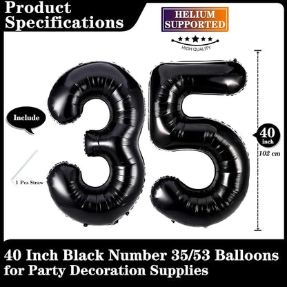 Black 35 Number Balloons, 40 Inch Giant Number 35 Balloons Foil Mylar Helium - Image 2